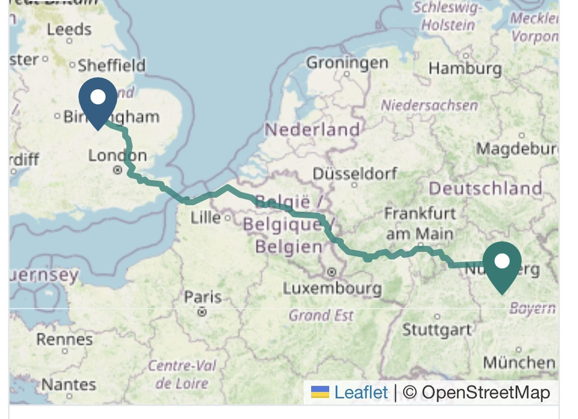 Truck-routed path from Nuremberg through Germany, Belgium and France to the Channel crossing and on to Birmingham, showing 1,130 routed kilometres.